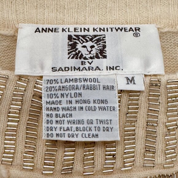 Vintage 80s Anne Klein Cream Lambswool Angora Beaded Batwing Sweater Size Medium - Picture 8 of 13